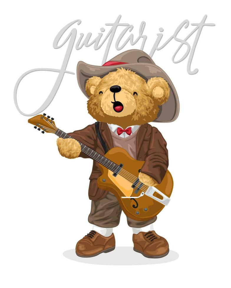 Hand gezeichnet Teddy Bär Karikatur spielen Gitarre vektor