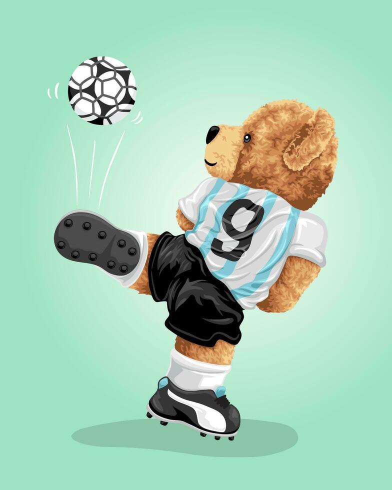 Hand gezeichnet Teddy Bär Karikatur spielen Fußball vektor