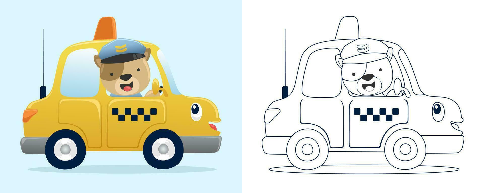 Vektor Illustration von Karikatur komisch Katze Fahren Taxi. Färbung Buch oder Seite zum Kinder
