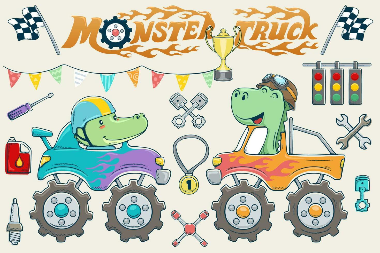 Vektor Illustration von Hand gezeichnet Monster- LKW Karikatur mit komisch Dinosaurier Treiber, Auto Rennen Elemente Illustration