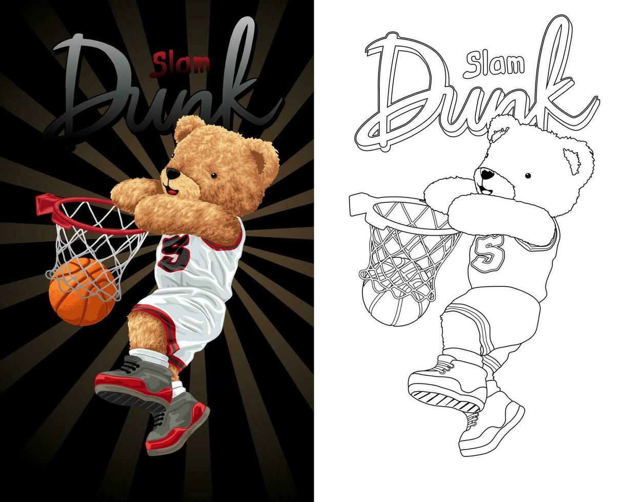 Hand gezeichnet Vektor Illustration von Teddy Bär spielen Basketball. Färbung Buch oder Seite