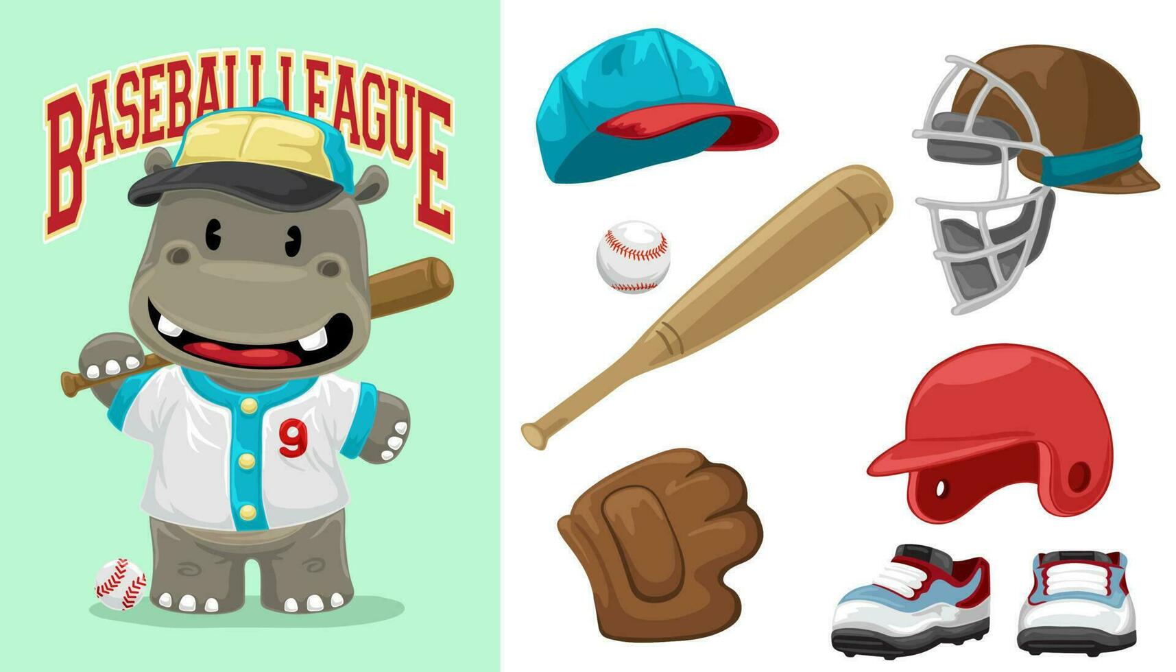 Hand gezeichnet komisch Nilpferd Karikatur im Baseball Uniform mit Baseball Elemente vektor