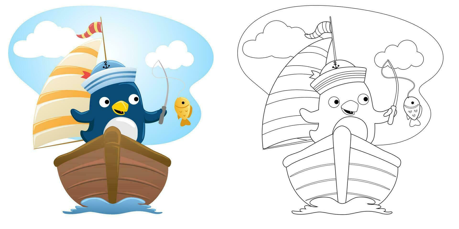 Vektor Illustration von Karikatur süß Pinguin Matrose Angeln auf Segelboot. Färbung Buch oder Seite