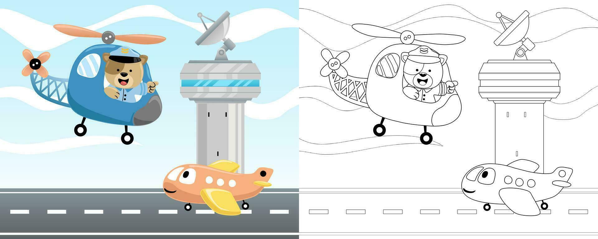 vektor illustration av tecknad serie flygplan i flygplats med katt på helikopter. färg bok eller sida