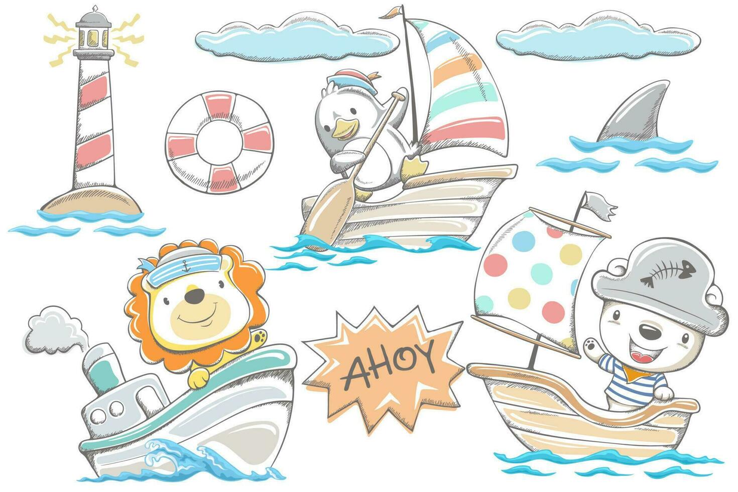 Hand gezeichnet Stil von Karikatur komisch Tiere Matrose auf Boot mit Meer Elemente vektor