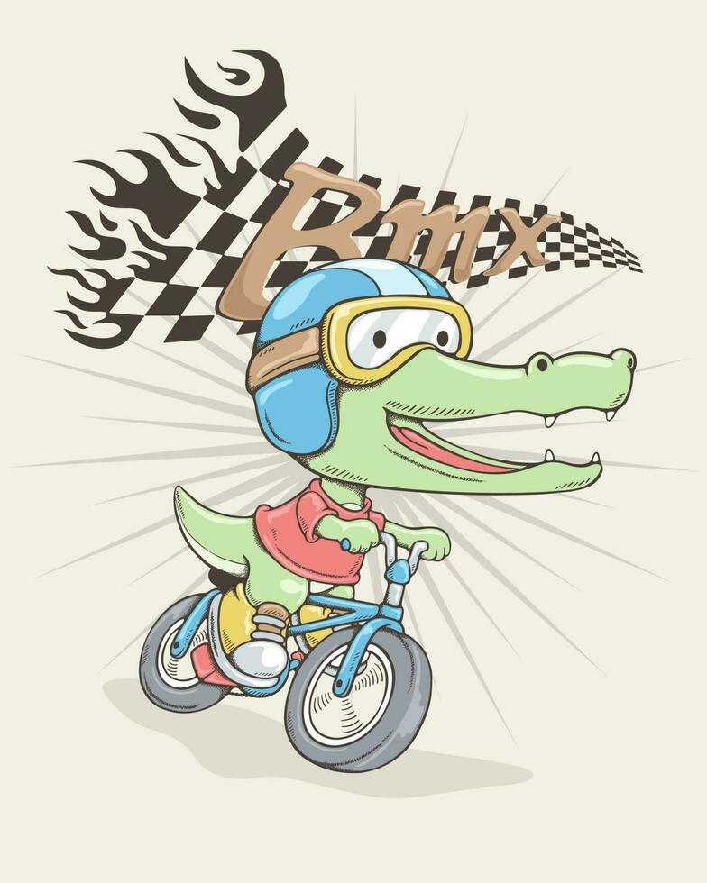 Vektor Illustration im Hand gezeichnet Konzept, Karikatur Krokodil tragen Fahrer Helm Reiten Fahrrad