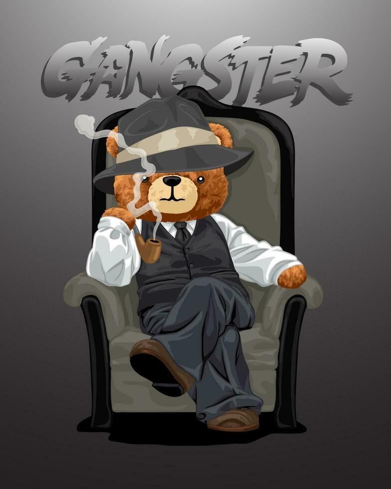Hand gezeichnet Vektor Illustration von Teddy Bär im Gangster Stil Sitzung auf Thron mit Tabak Rohr