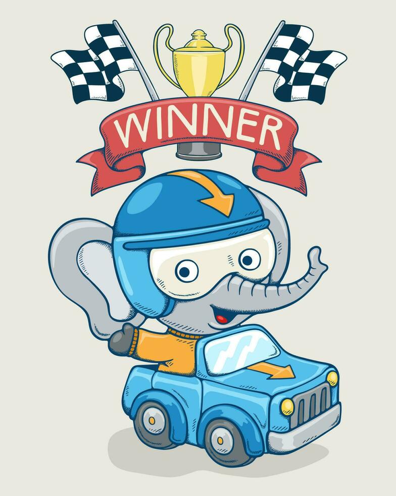 vektor illustration av hand dragen söt elefant i racer kostym på tävlings bil, bil tävlings element