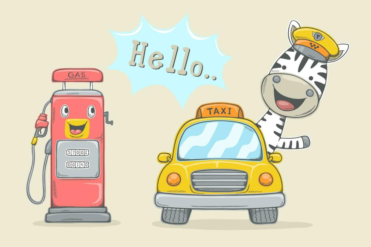 Vektor Illustration im Hand gezeichnet Konzept, Karikatur Zebra Fahren Taxi mit lächelnd Gas Pumpe