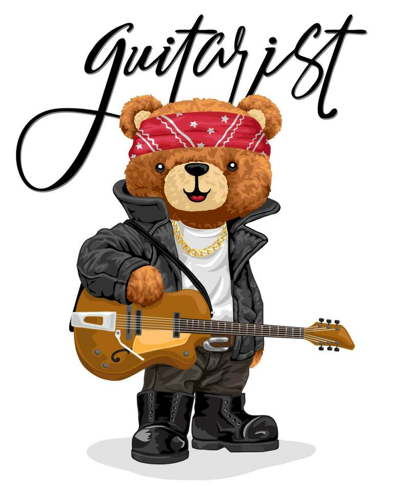 Hand gezeichnet Vektor Illustration von Teddy Bär im Rocker Stil mit elektrisch Gitarre