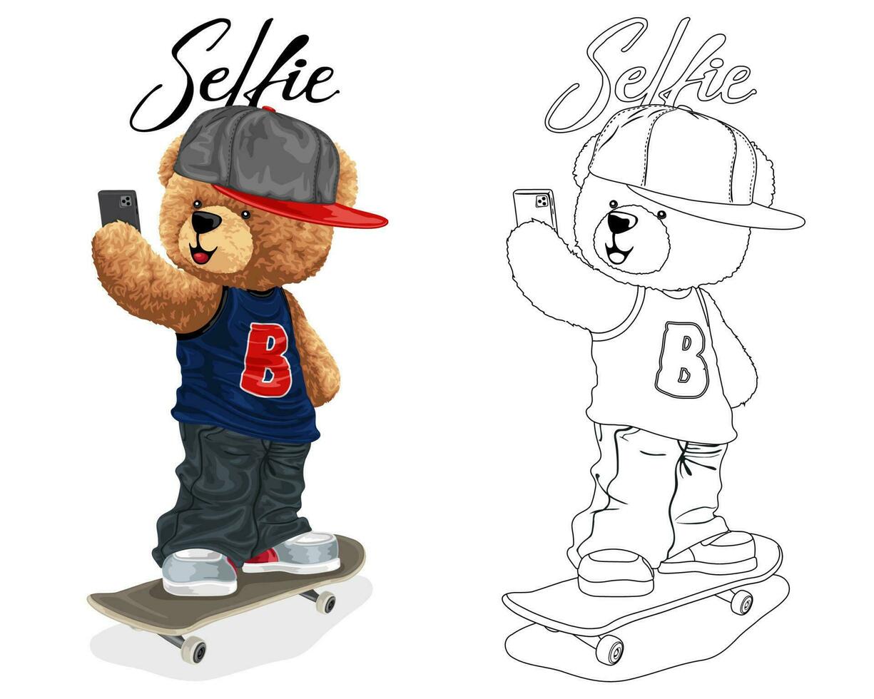 Hand gezeichnet Vektor Illustration von Teddy Bär auf Skateboard nehmen Selfie mit Smartphone. Färbung Buch oder Seite