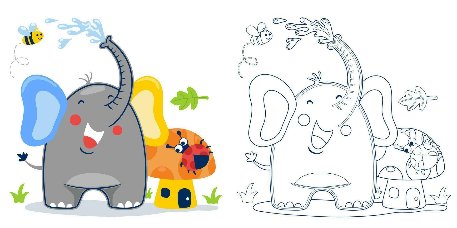 vektor illustration av tecknad serie elefant med insekter och svamp. färg bok eller sida för barn