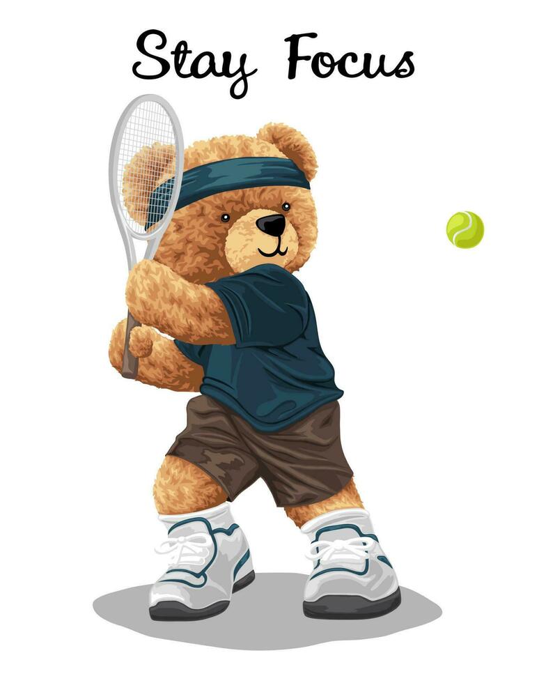 hand dragen vektor illustration av teddy Björn spelar tennis