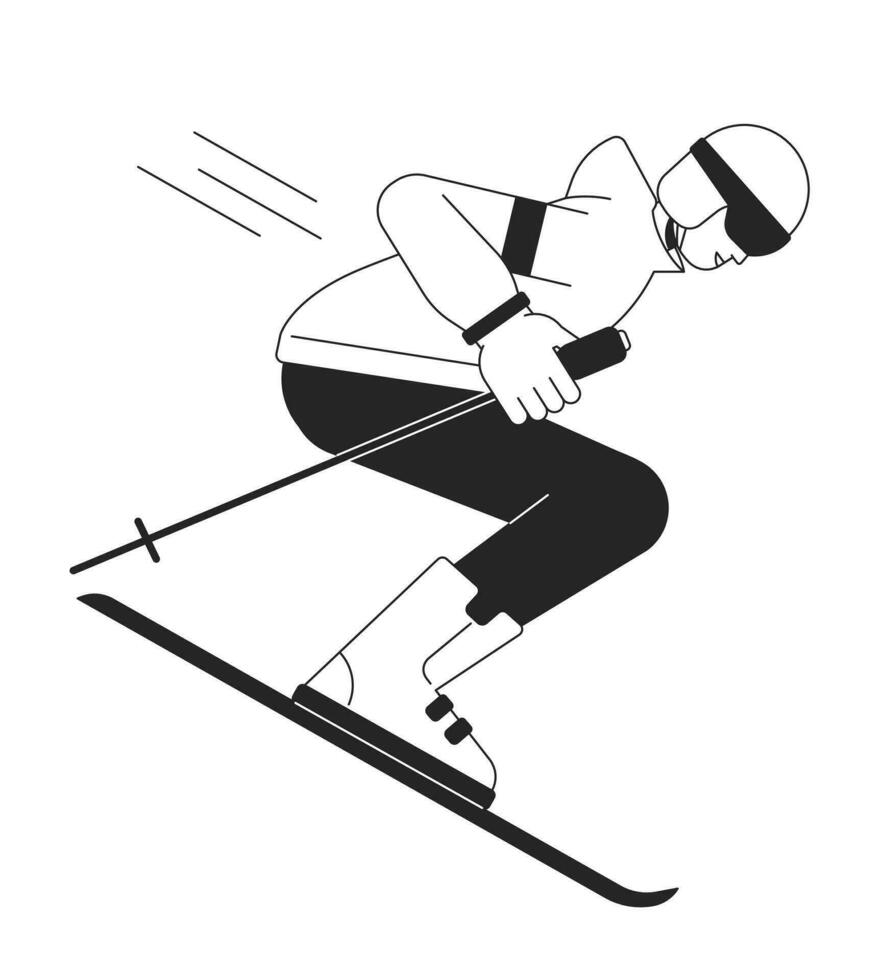 manlig skidåkare med poler på skidor platt linje svart vit vektor karaktär. redigerbar översikt full kropp person. vinter- sport idrottare skidåkning enkel tecknad serie isolerat fläck illustration för webb grafisk design