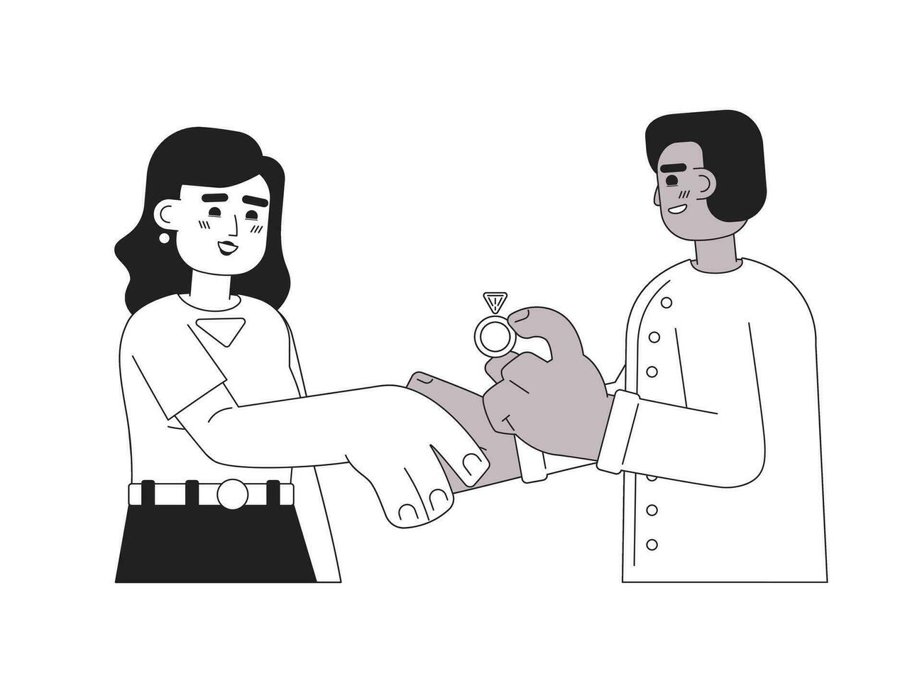 Überraschung Ehe Vorschlag einfarbig Konzept Vektor Stelle Illustration. interracial Paar hält Hände 2d eben bw Karikatur Zeichen zum Netz ui Design. Hochzeit isoliert editierbar Hand gezeichnet Held Bild