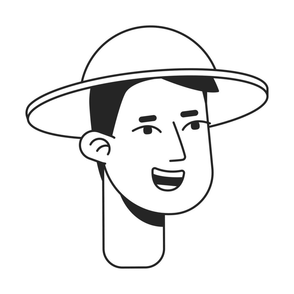 ivrig Lycklig ung man bär turist hatt svartvit platt linjär karaktär huvud. manlig resande. redigerbar översikt hand dragen mänsklig ansikte ikon. 2d tecknad serie fläck vektor avatar illustration för animering