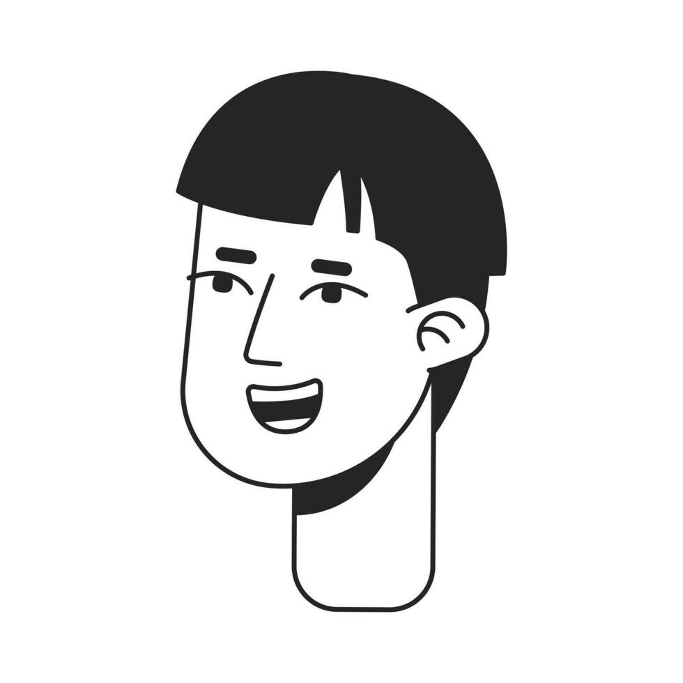 upphetsad studerande pojke med pott frisyr svartvit platt linjär karaktär huvud. skål skära. redigerbar översikt hand dragen mänsklig ansikte ikon. 2d tecknad serie fläck vektor avatar illustration för animering