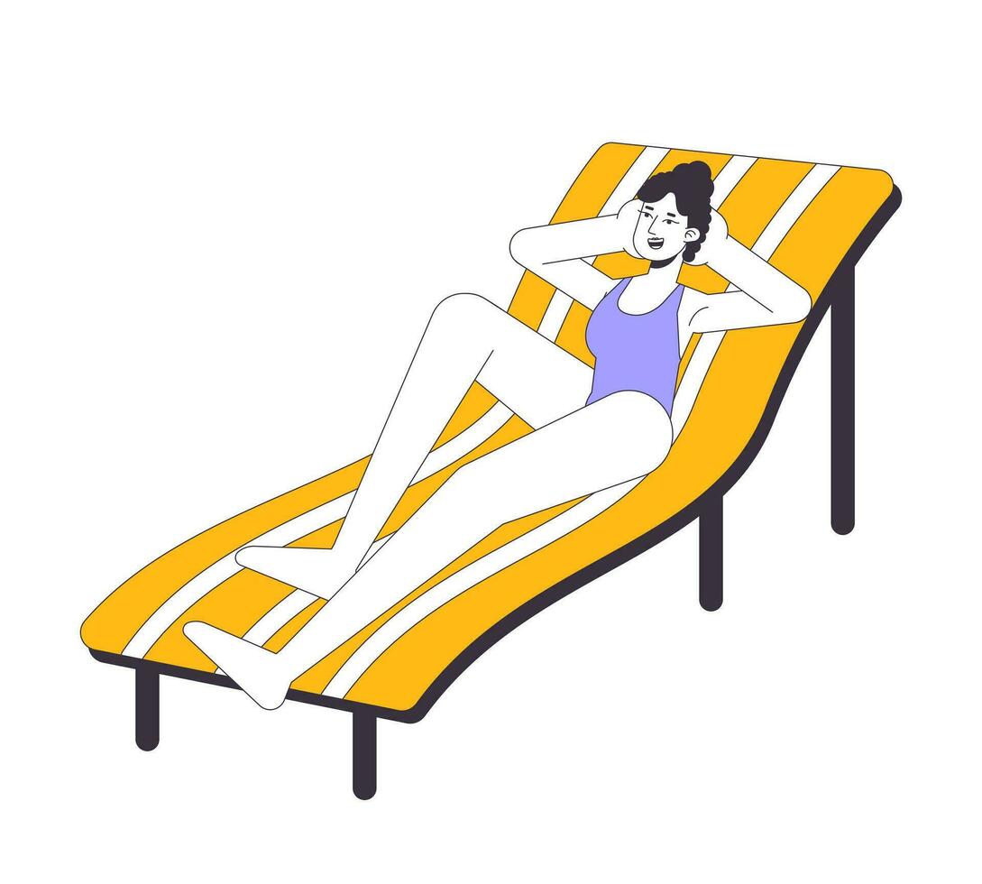 Badeanzug Frau Lügen auf Deck Stuhl eben Linie Farbe Vektor Charakter. editierbar Gliederung voll Körper Person auf Weiß. Sonnenbaden Mädchen auf Chaise longue einfach Karikatur Stelle Illustration zum Grafik Design