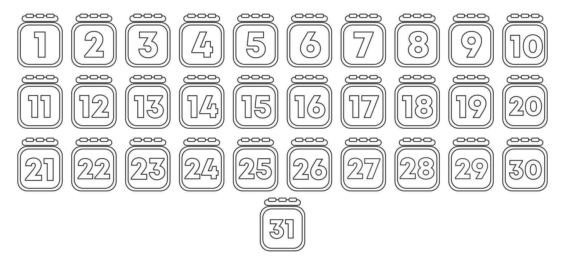 einstellen von 30 Tag Kalender. jeder Tag Kalender Symbol Umriss. Vektor Illustration