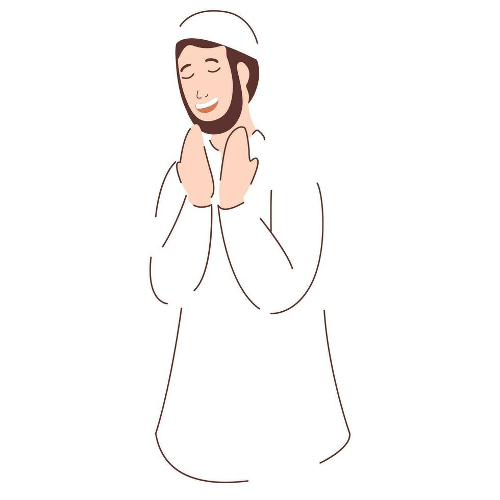 Charakter von glücklich Muslim Mann Angebot Gebet namaz Symbol. vektor