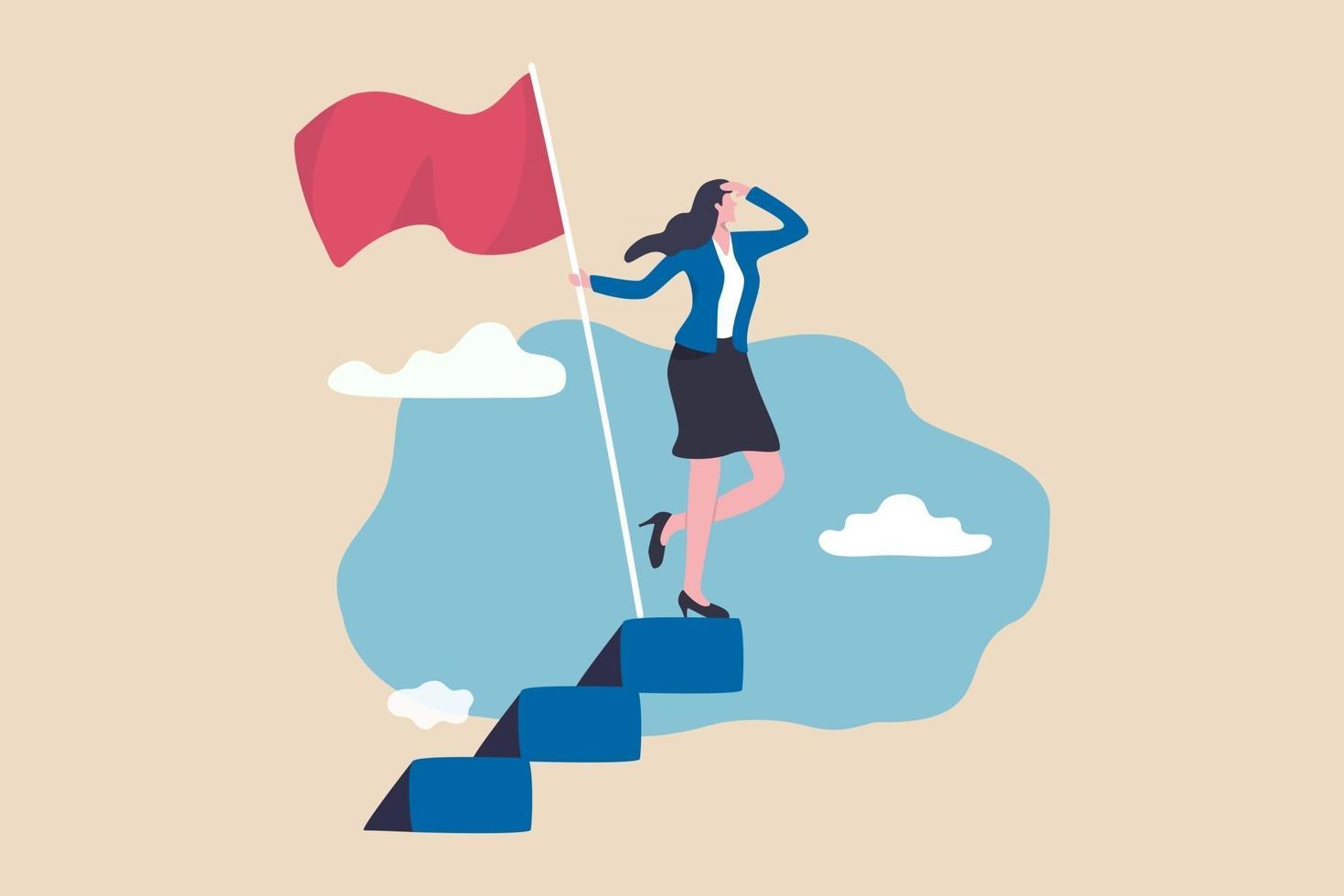 Erfolg Unternehmerin Frau Führung oder Herausforderung und Leistungskonzept Erfolg Geschäftsfrau auf der Karrieretreppe hält gewinnende Flagge auf der Suche nach zukünftigen Visionär vektor