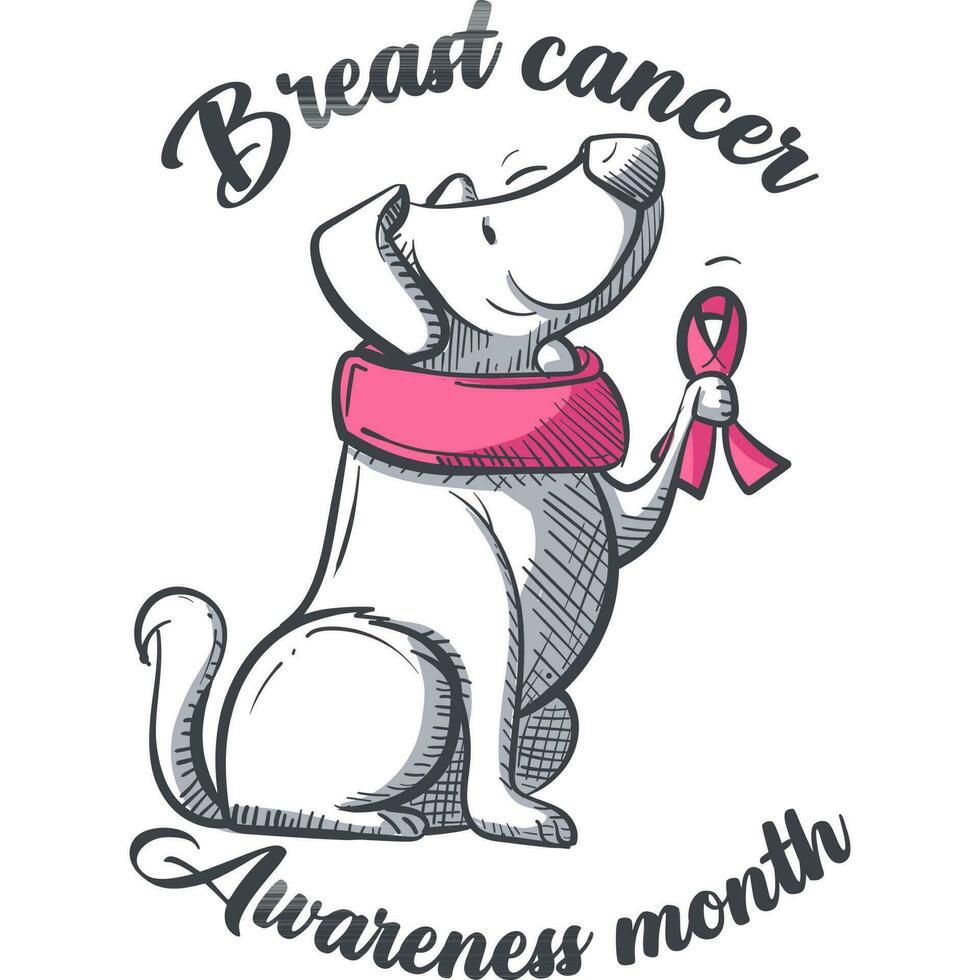 tecknad serie karaktär av en hund innehav en rosa slips för bröst cancer medvetenhet månad. djur- tecknad serie hund illustration innehav en band. vektor