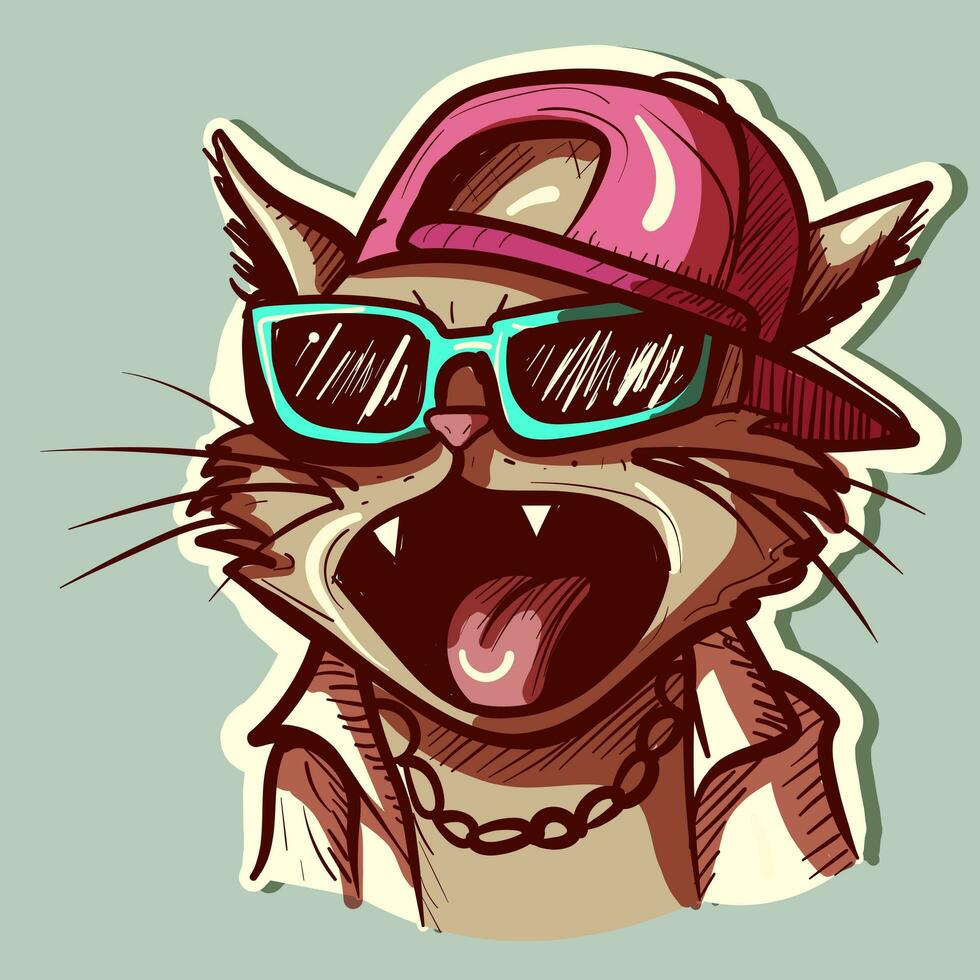 Digital Kunst von ein Schläger Katze schreiend und tragen ein Hut, Hemd und Sonnenbrille. Vektor von ein Kitty Geschrei.