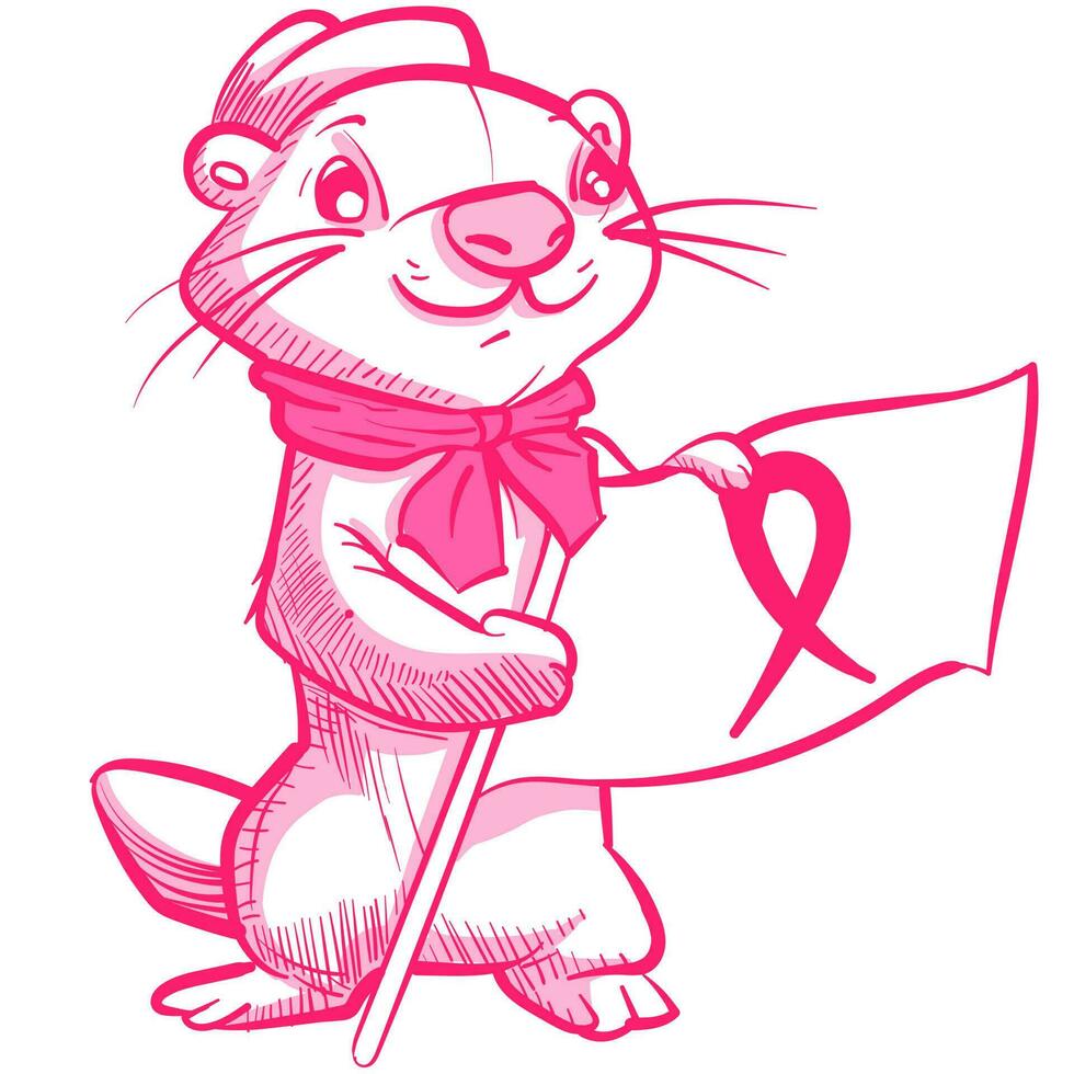 konzeptionelle Kunst von ein Otter Karikatur Charakter halten ein Brust Krebs Bewusstsein Schleife. Rosa Maskottchen unterstützen ein medizinisch Ursache. vektor