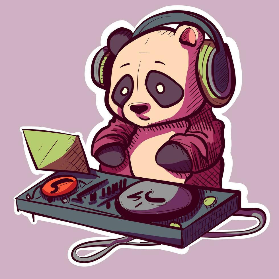 Digital Kunst von ein cool Panda mit Sonnenbrille und ein Jacke Mischen im das Verein. Vektor von ein dj Bär Charakter.