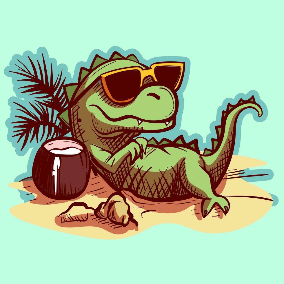 digital illustration av en grön ödla på semester solbad och dricka en cocktail från en kokos. vektor av en reptil på de strand Sammanträde på sand med solglasögon.