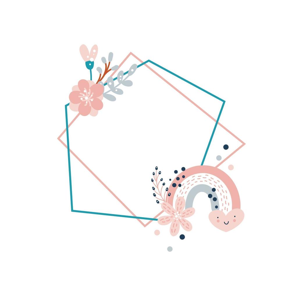 vektor blommig geometrisk polygon ram med blommig bukett och blomma regnbåge illustration