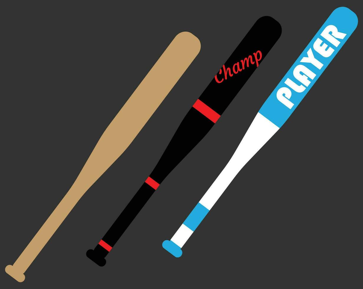 baseboll fladdermus, en uppsättning av baseboll fladdermöss med annorlunda färger, svart baseboll fladdermus, vit och blå, trä och metall material, baseboll fladdermus illustration vektor, minimalism teckning stil, sport baner vektor