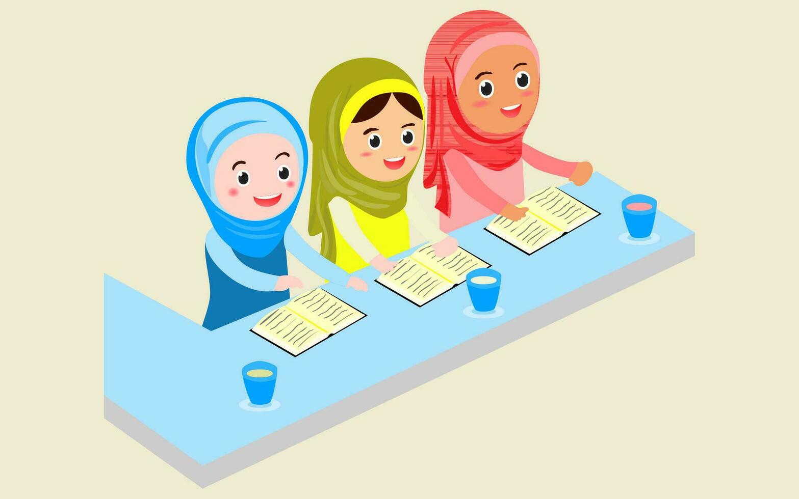 Illustration von Muslim Kinder tragen Hijab und Taqiyah lesen ein Buch vektor