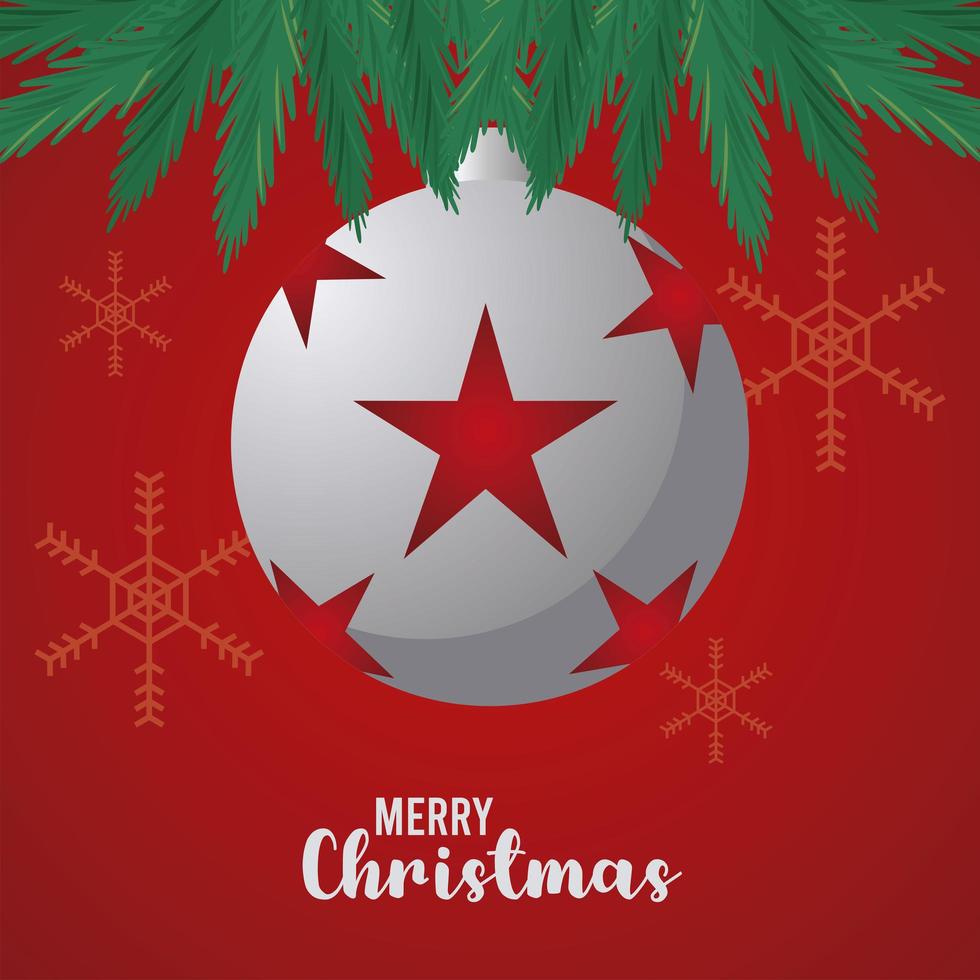 fröhliche frohe Weihnachten-Beschriftungskarte mit Kugel und roten Sternen vektor