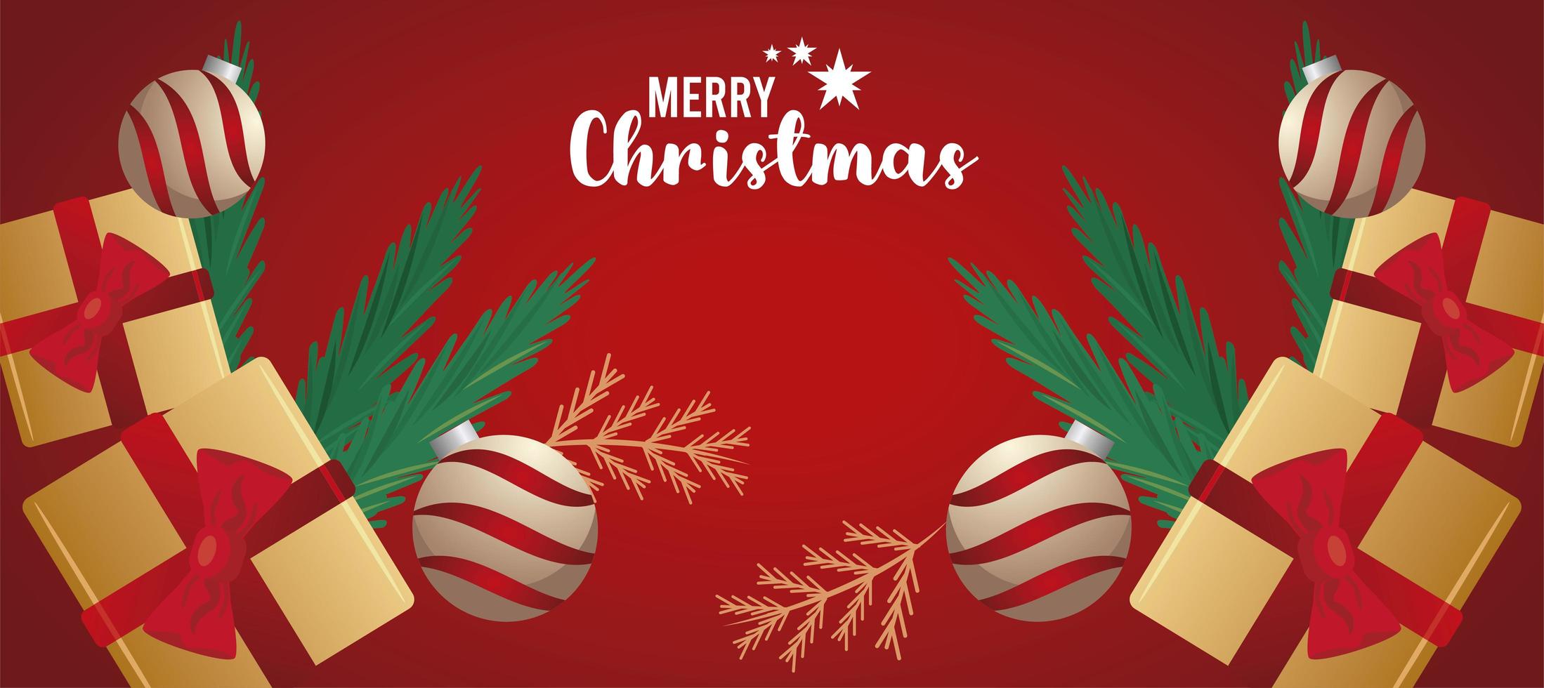 Frohe frohe Weihnachten-Beschriftungskarte mit Bällen und goldenen Geschenken vektor