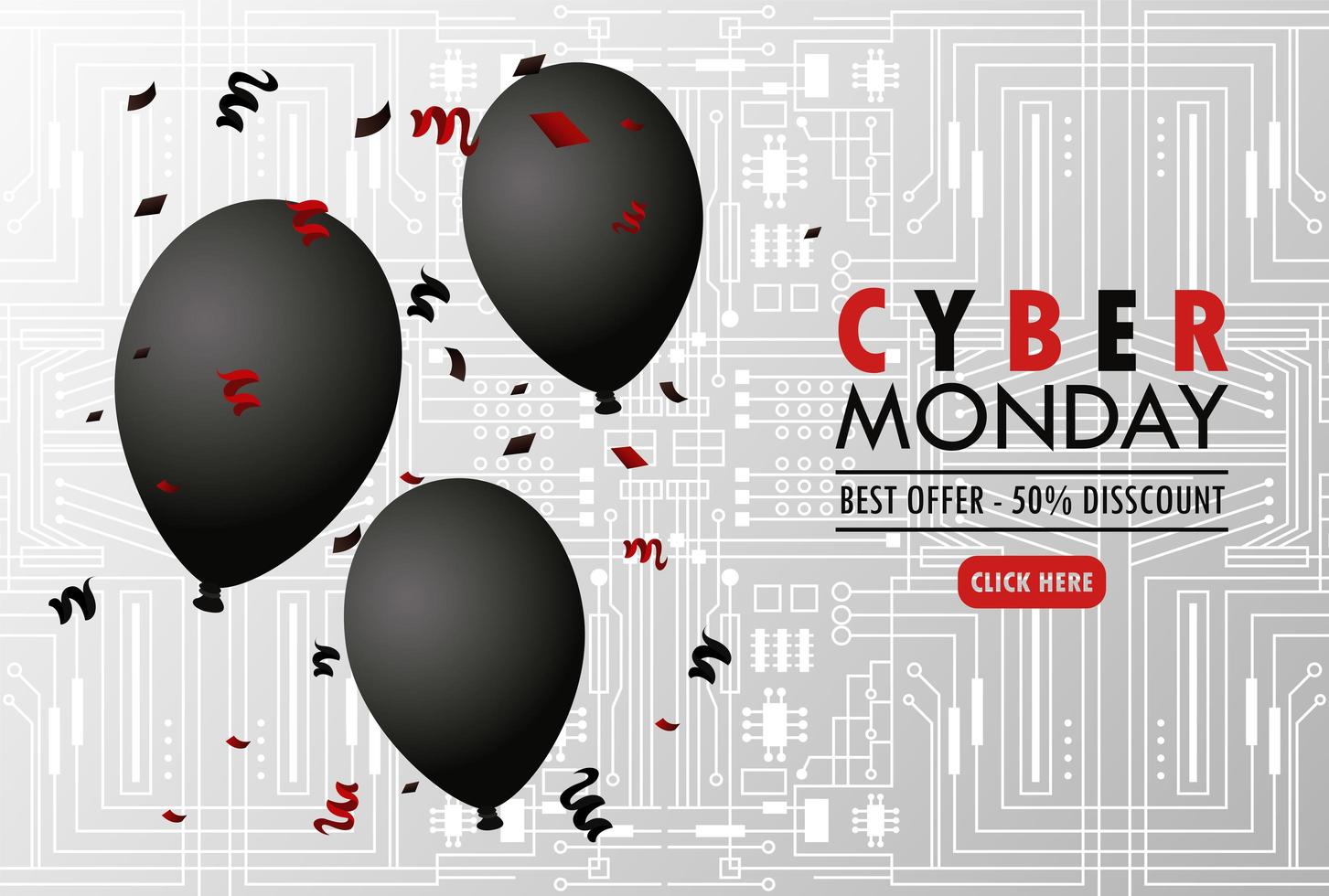 Cyber-Montag-Feiertagsplakat mit Helium der schwarzen Luftballons im grauen Hintergrund vektor