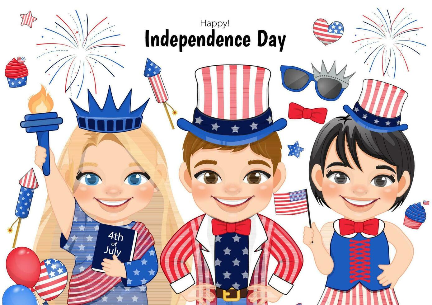 amerikanisch Kinder Porträt feiern 4 .. von Juli Unabhängigkeit Tag mit Kostüm, halten Flaggen, tragen Onkel Sam Hut, Statue von Freiheit Vektor