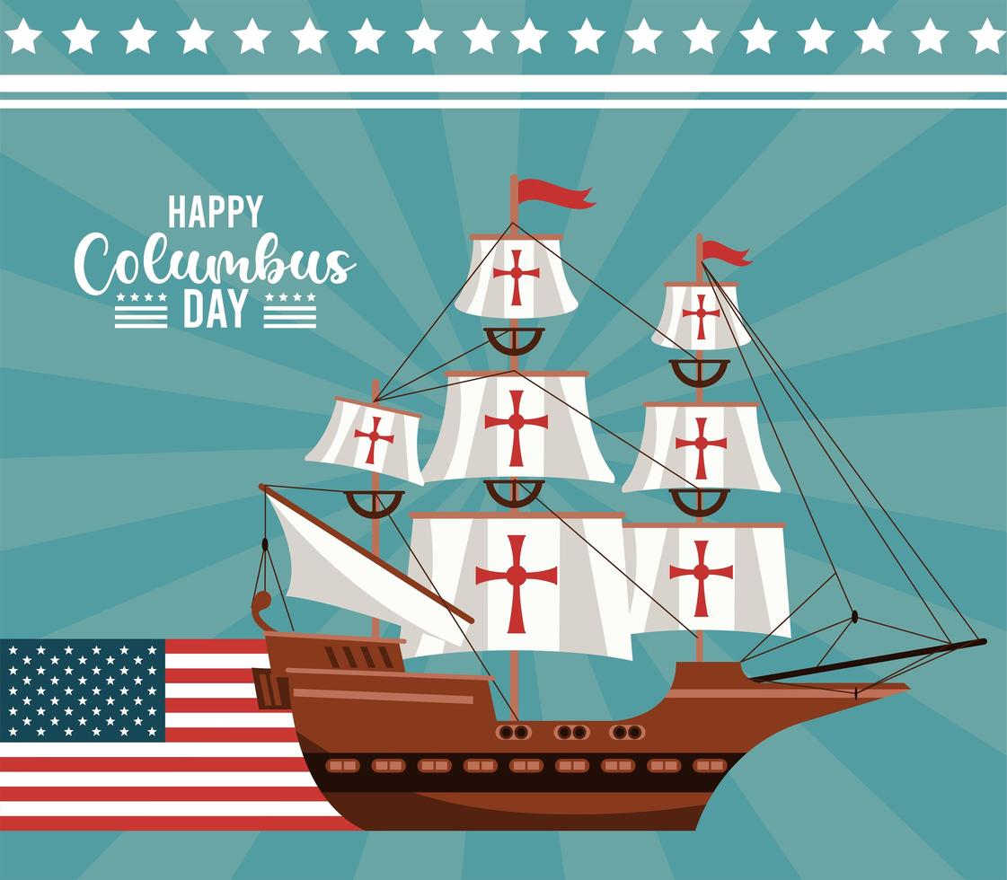 Happy Columbus Day Feier mit Segelboot und USA Flagge vektor