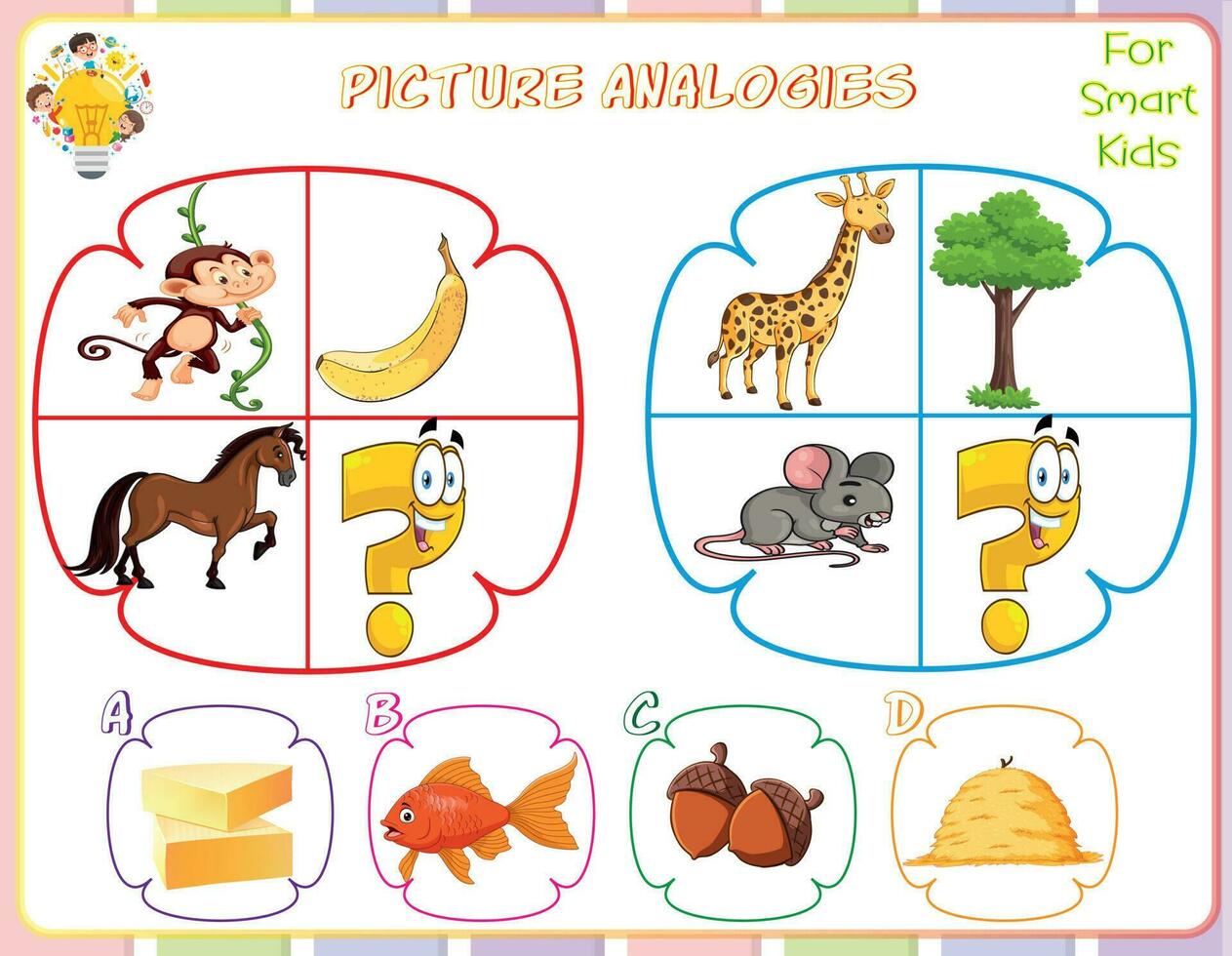 logik kalkylblad bild analogier för barn är pedagogisk övningar den där hjälp barn utveckla logisk resonemang Kompetens förbi identifierande relationer mellan bilder. de förbättra kritisk tänkande vektor