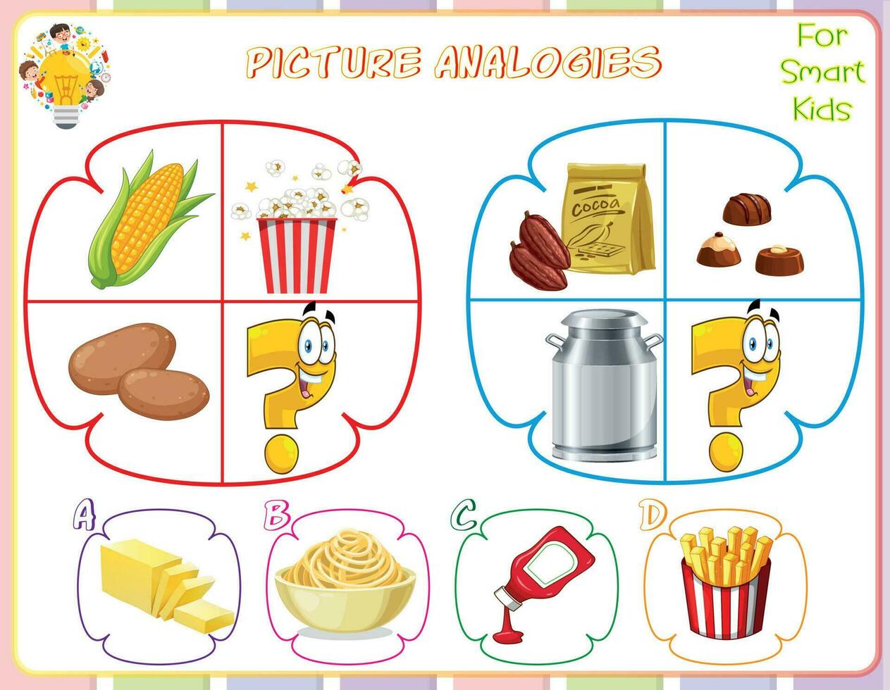 logik kalkylblad bild analogier för barn är pedagogisk övningar den där hjälp barn utveckla logisk resonemang Kompetens förbi identifierande relationer mellan bilder. de förbättra kritisk tänkande vektor