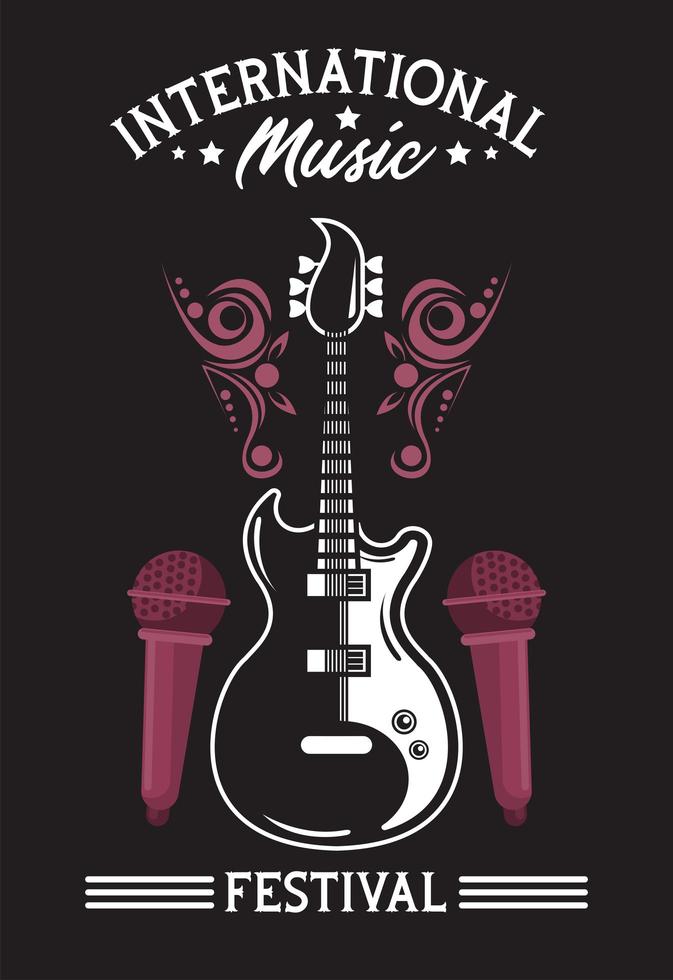 internationales Musikfestivalplakat mit E-Gitarre und Mikrofonen im schwarzen Hintergrund vektor