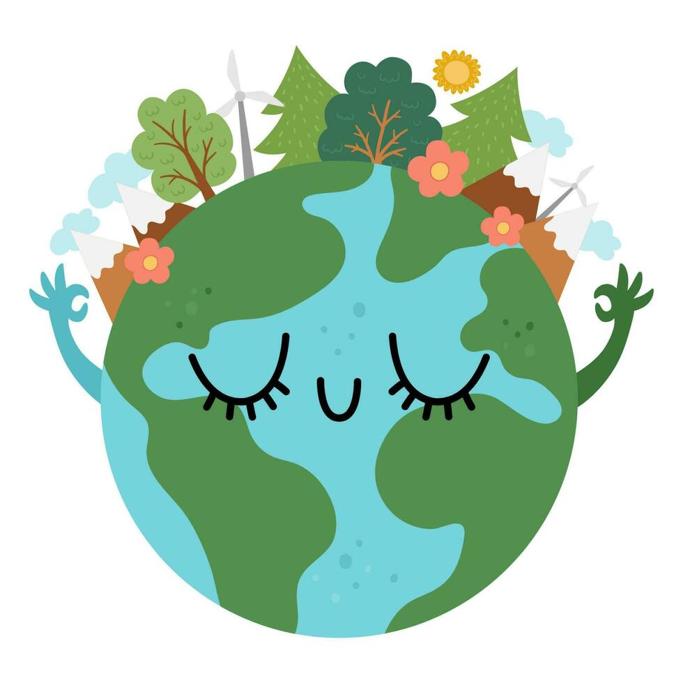 Vektor Erde zum Kinder. Erde Tag Illustration mit süß kawaii lächelnd Planet mit geschlossen Augen. Umgebung freundlich Symbol mit Globus und Wald auf oben. ökologisch Konzept