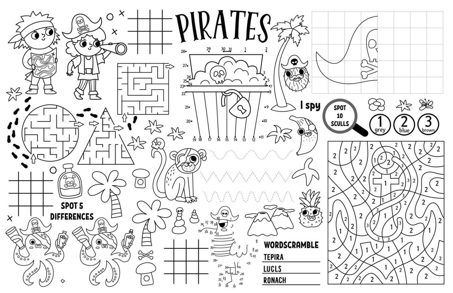 Vektor Pirat Tischset zum Kinder. Schatz jagen druckbar Aktivität Matte mit Labyrinth, tic tac Zehe Diagramme, verbinden das Punkte, finden Unterschied. Meer Abenteuer schwarz und Weiß abspielen Matte oder Färbung Seite