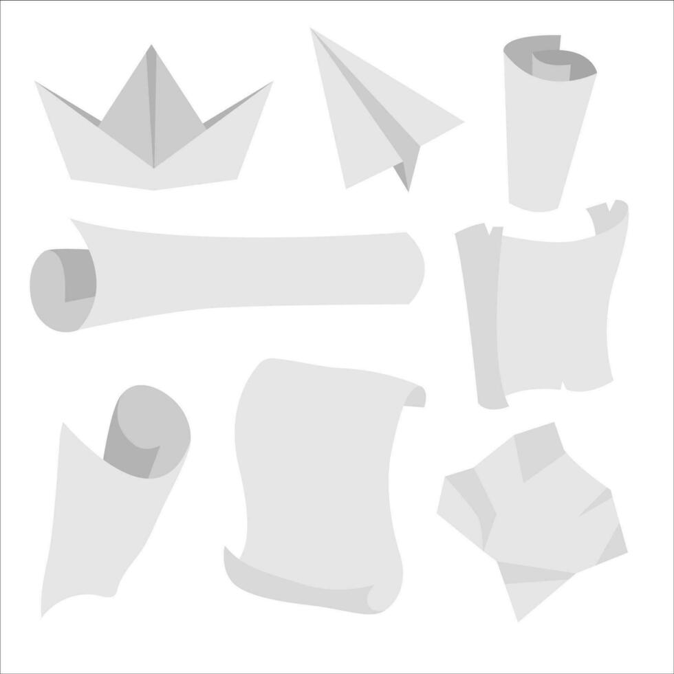 vektor papper uppsättning. papper fartyg, skrolla, plan och servett illustration. origami klämma konst isolerat på vit bakgrund.