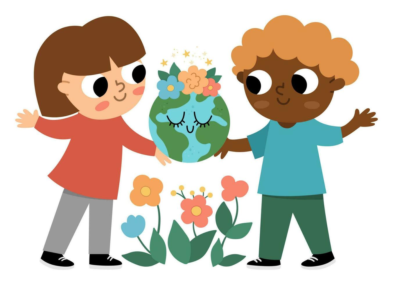 süß Öko freundlich Kinder halten lächelnd Erde im Hände. Junge und Mädchen Pflege von Planet und Umfeld. Erde Tag Illustration. ökologisch Vektor Konzept mit Kinder und Globus mit Blumen