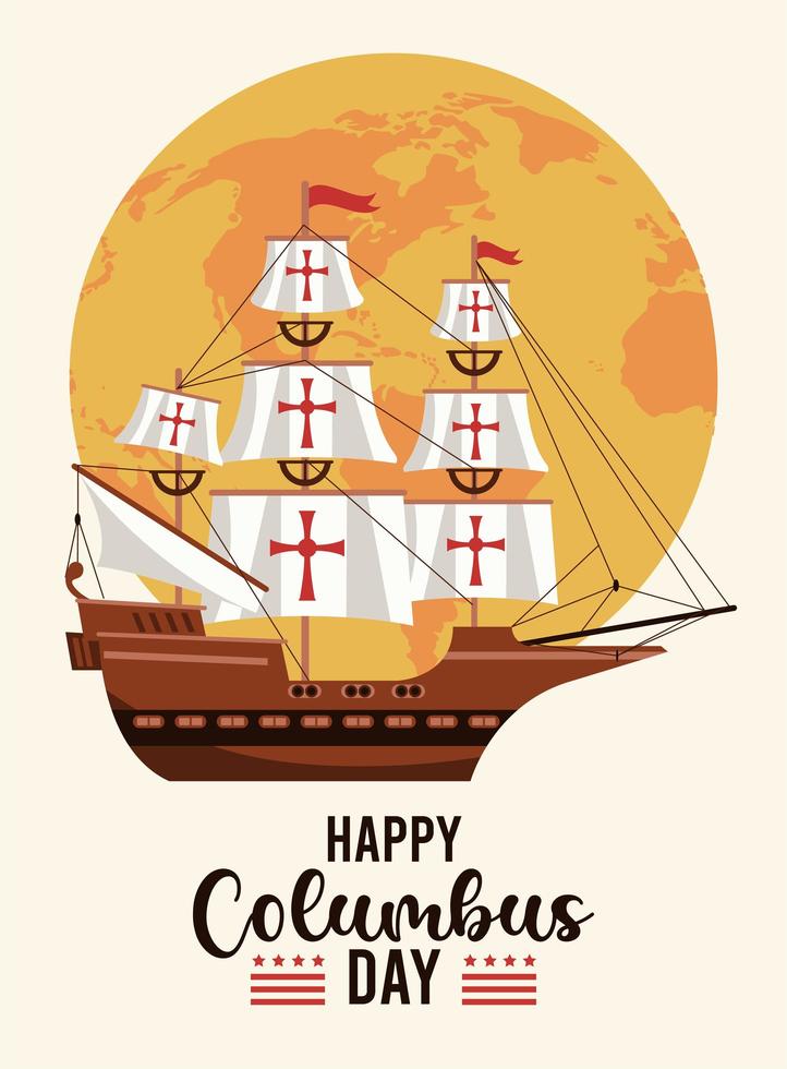 glückliche Columbus-Tagesfeier mit Segelboot und Erdplanet vektor