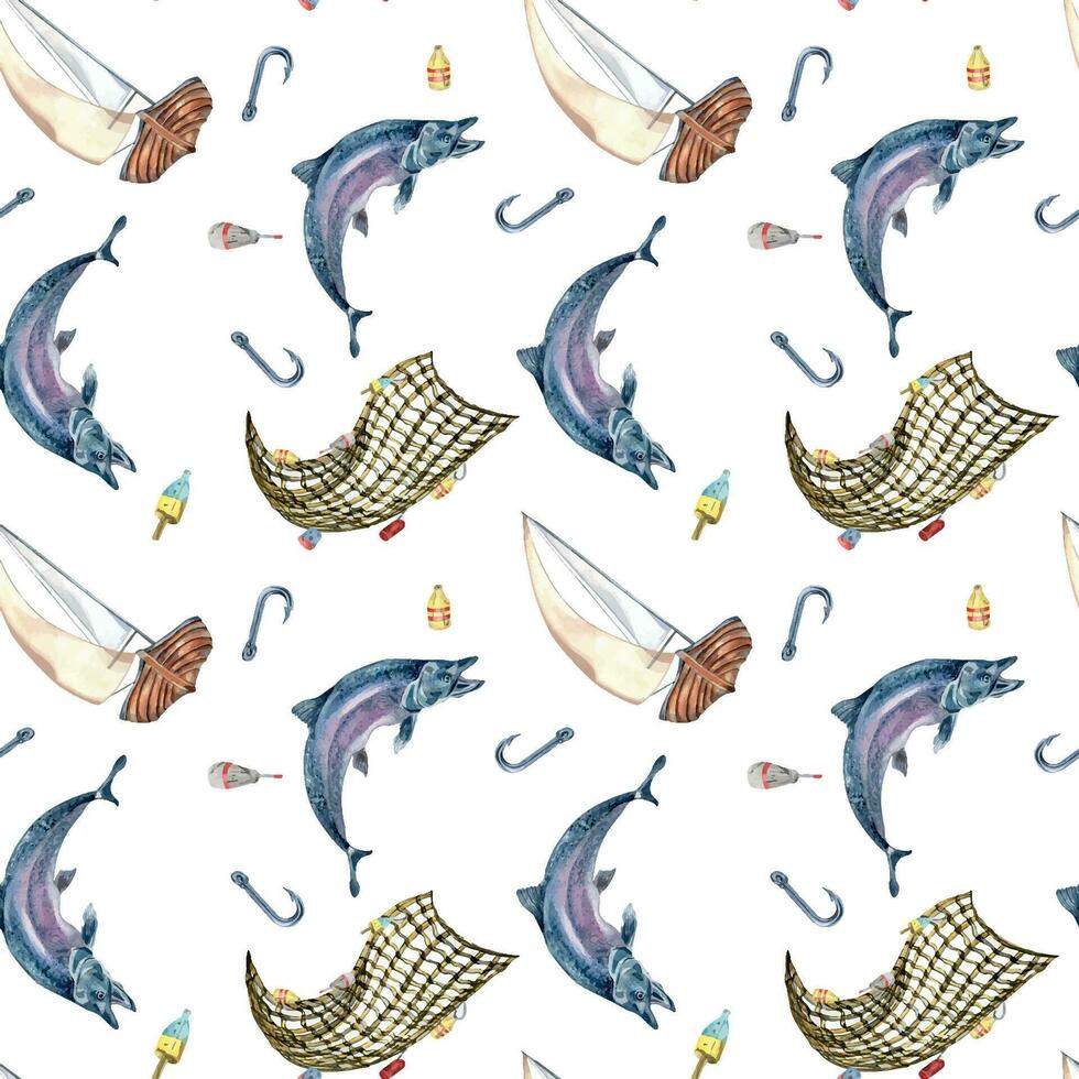 nahtlos Muster von Meer Fisch und segeln Boot Aquarell Illustration isoliert auf Weiß. Angeln Boot und Lachs, Forelle Hand gezeichnet. Design Element zum Textil, Verpackung, Verpackung, Hintergrund, Markt vektor