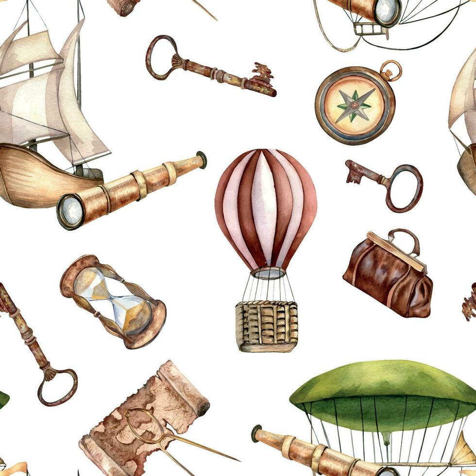 Abenteuer Artikel Jahrgang Stil, Schiff Aquarell nahtlos Muster isoliert auf Weiß. heiß Luft Ballon, Schiff, Segeln Boot, Hand gezeichnet. Design Element zum Jungs drucken, Textil, Hintergrund, Hintergrund vektor