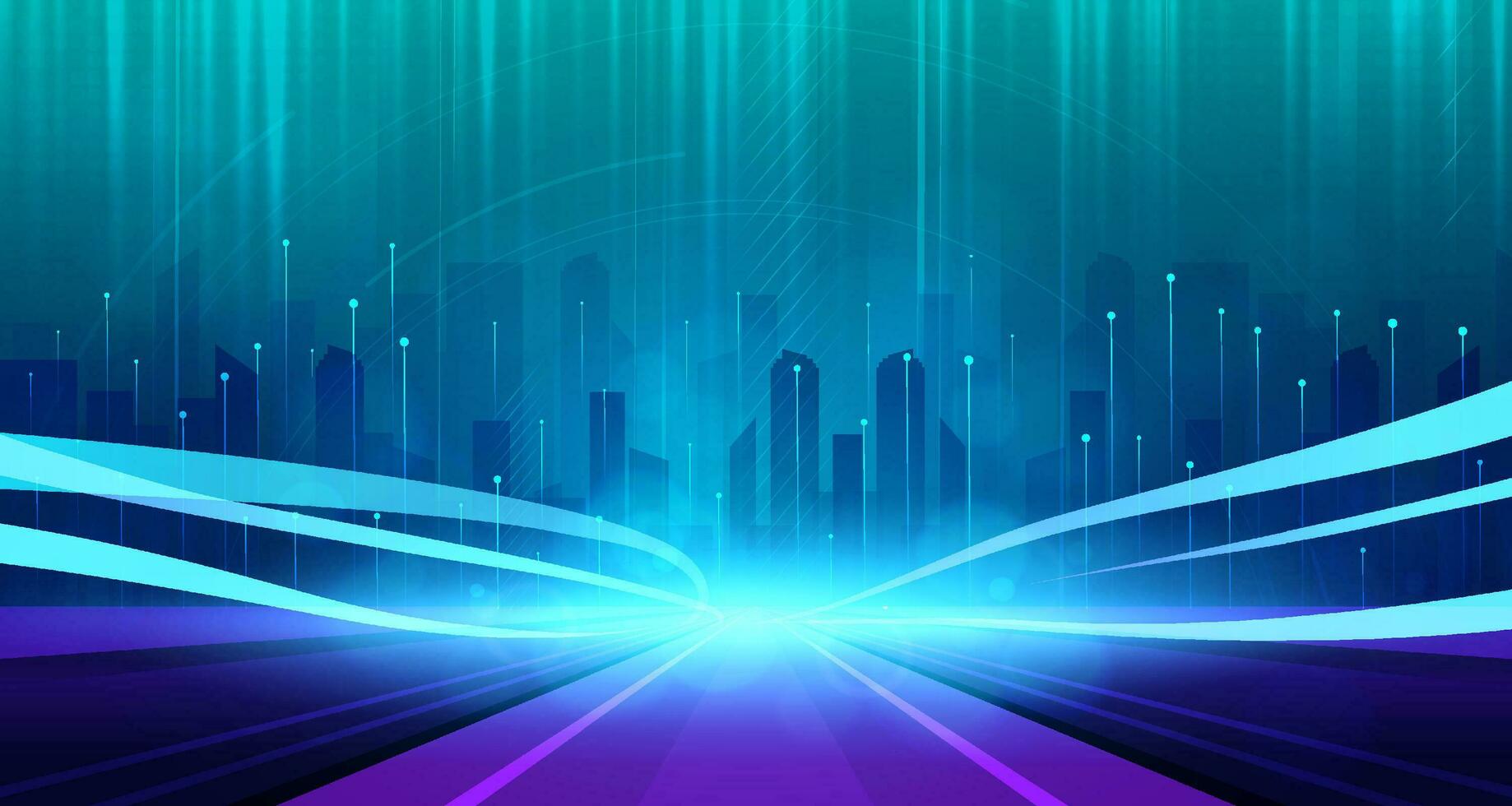 digital teknologi stad metavers neon blå grön bakgrund, abstrakt cyber kommunikation, innovation framtida cyberpunk metropol teknik, internet nätverk förbindelse, ai stor data, stad illustration 3d vektor