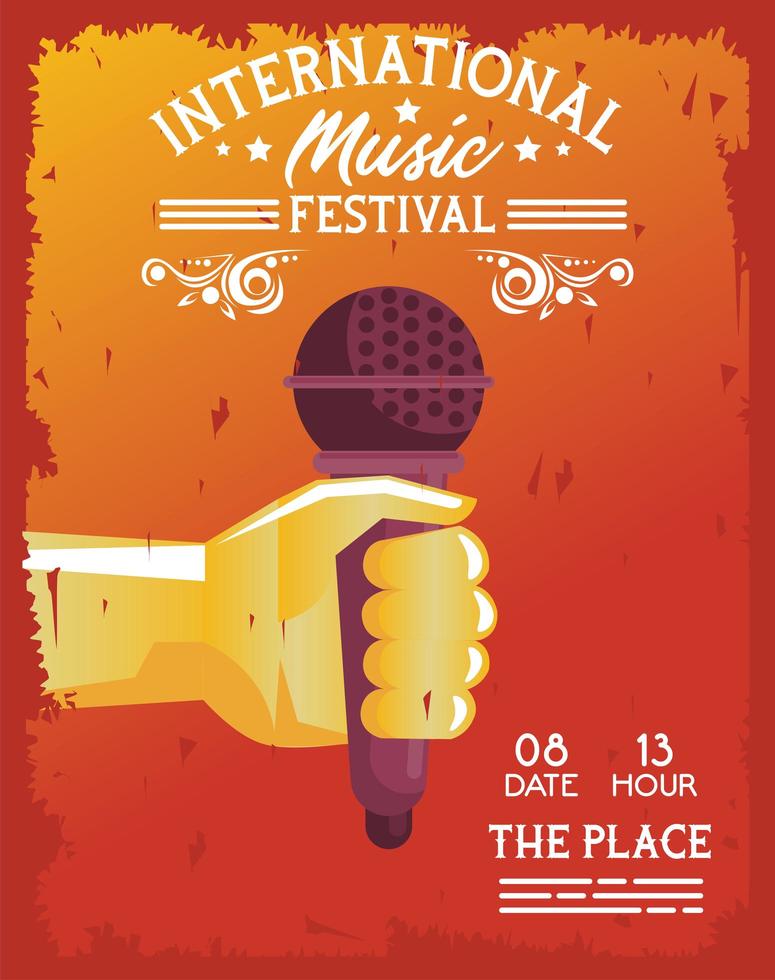 internationales Musikfestivalplakat mit Handhubmikrofon im orange Hintergrund vektor